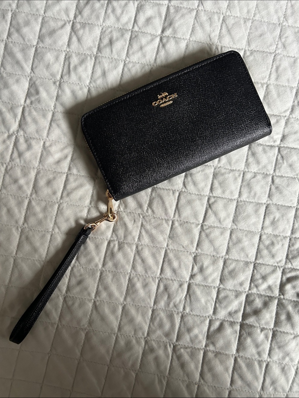 Coach Black Leather Zip Wristlet with Gold Logo